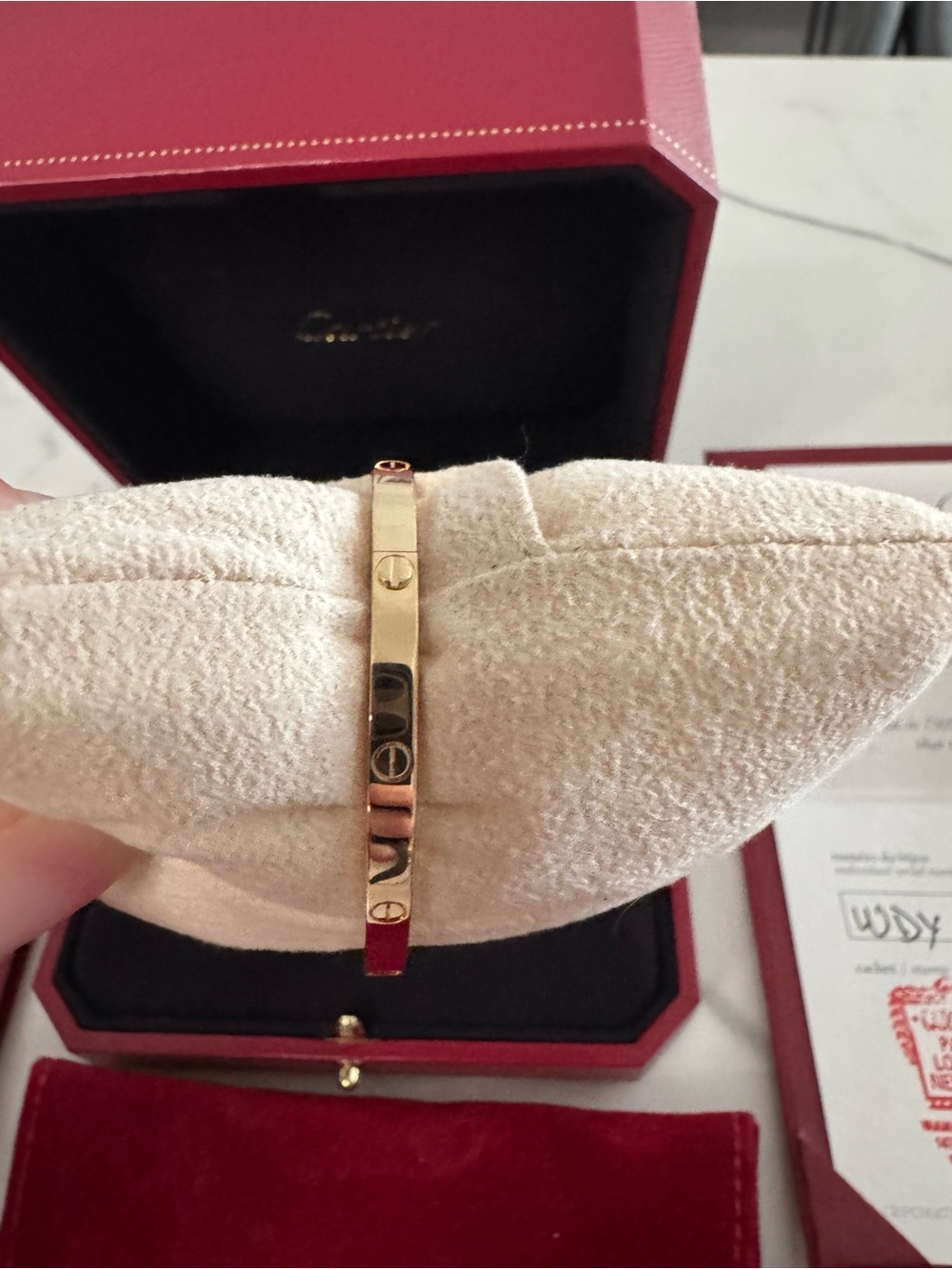Cartier Gold Bracelet Set with Red Presentation Boxes and Cream Cushion - Picture 6 of 11